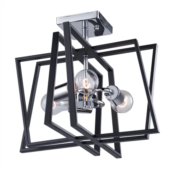 The Middleton collection features a matte black geometrically shaped frame which encases a plated polished chrome chandelier. 3 light semi flush mount shown (matching companion units available).