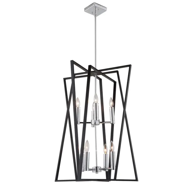 The Middleton collection features a matte black geometrically shaped frame which encases a plated polished chrome chandelier. 8 light candelabra foyer type chandelier shown (matching companion units available).