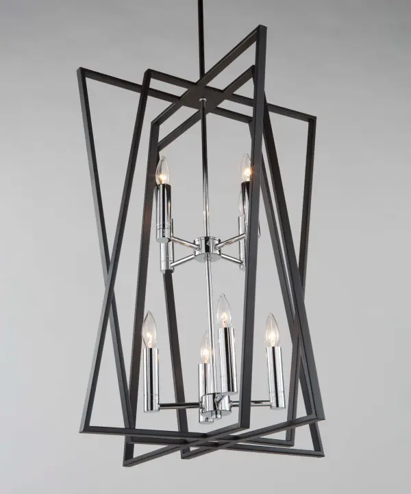 The Middleton collection features a matte black geometrically shaped frame which encases a plated polished chrome chandelier. 8 light candelabra foyer type chandelier shown (matching companion units available). - alternate view