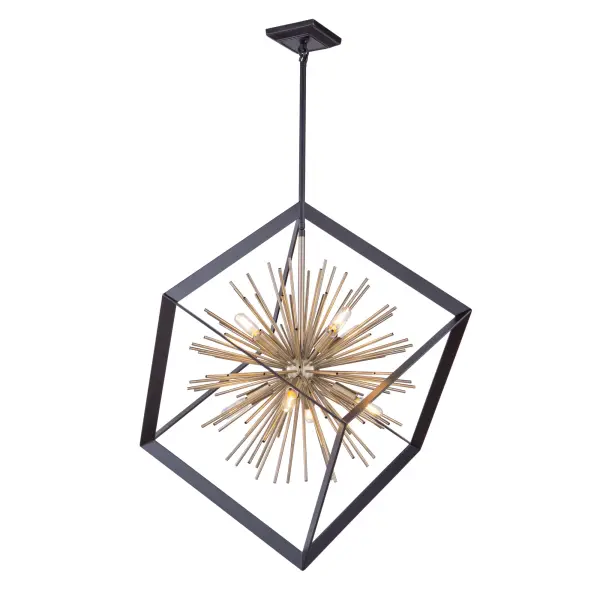 The Sunburst Collection chandelier is unique and a definitely beautiful focal point. The exterior frame is matte black encasing a satin brass cluster of thin hollow rods. (Larger size and flush mount also available)