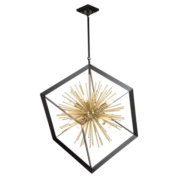 The Sunburst Collection chandelier is unique and a definitely beautiful focal point. The exterior frame is matte black encasing a satin brass cluster of thin hollow rods. (Larger size and flush mount also available) - alternate view