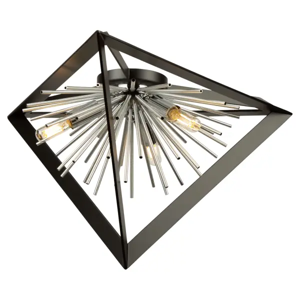 Matte Black & Chrome The Sunburst Collection flush mount is unique and a definitely beautiful focal point. The exterior frame is matte black encasing aluminum color thin hollow rods attached to a chrome center. (Also available with satin brass interior cluster.) Flush mount shown - matching fixtures available. - alternate view