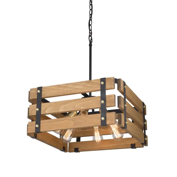 Hand Made in North America with pride, the Barnyard collection is made of authentic pine and has a hand stained honey finish. 6 light square shaped chandelier shown. (Also available in a beach wood type finish)