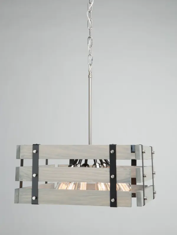 Hand Made in North America with pride, the Barnyard collection is made of authentic pine and has a hand stained honey finish. 6 light square shaped chandelier shown. (Also available in a beach wood type finish) - alternate view