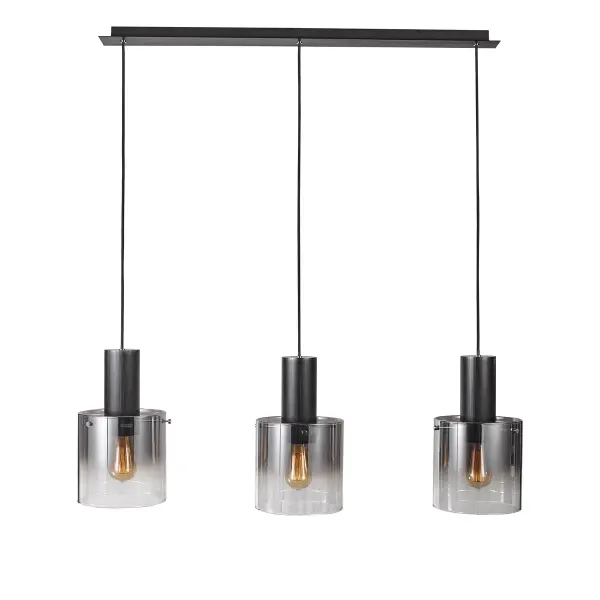 Satin Black & Smoke Glass The “Henley Collection” 3 light pendant features satin black metal work complimented with half mirror glassware. (Top of the glass is mirrored and bottom is clear.) (Also available in satin aluminum with clear glassware.)