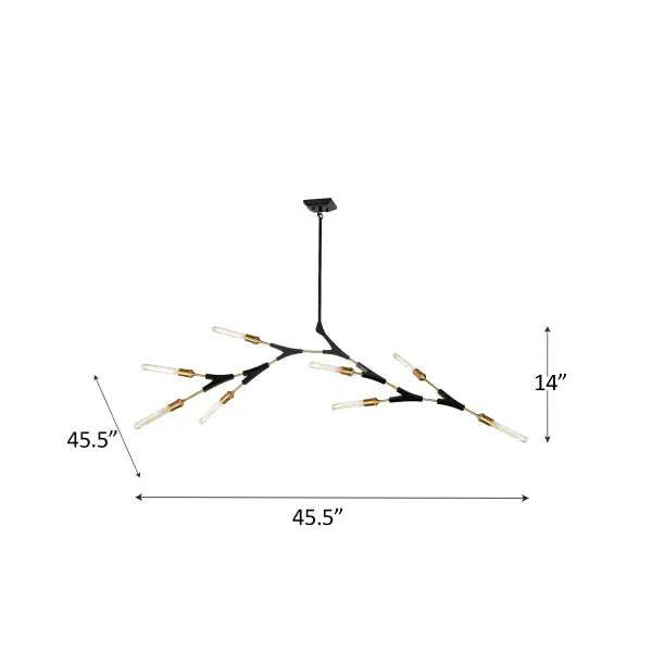 Black & Harvest Brass Organically shaped like tree branches, the Filiali collection 8 light chandelier features a black frame with harvest brass accent and socket covers. Can be directionally configured. (Arms slightly adjustible with allen key.)