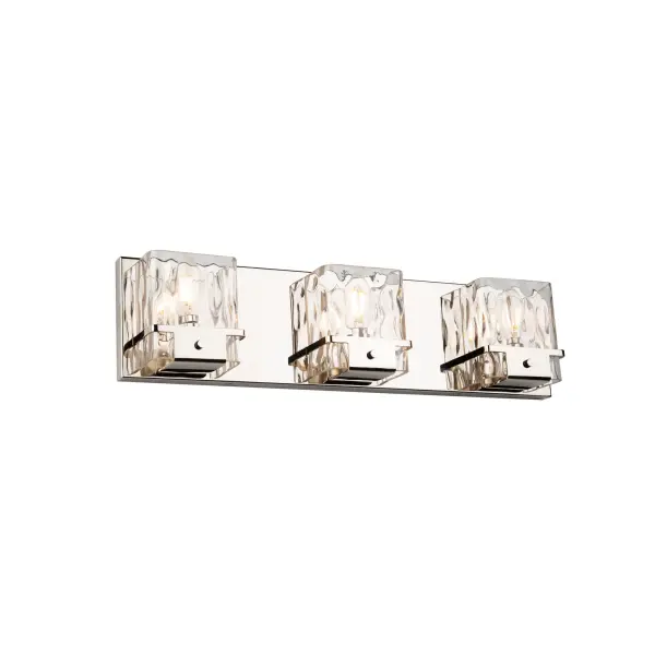 Designed by Lighting Pulse, the “Wiltshire” collection 3 light bathroom vanity features thick luxurious hammered type glassware complimented by a polished nickel frame.