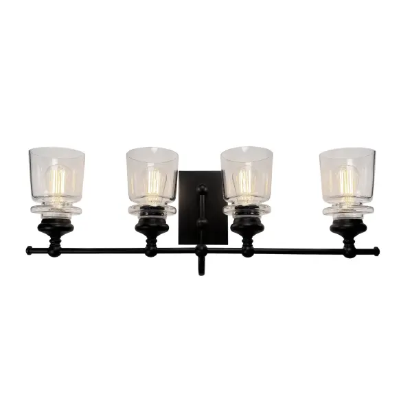 From the Lighting Pulse design firm, the “Castara” collection 4 light bathroom vanity features a classic transitional clean design with clear glassware and a black frame. (Also available with a polished nickel frame.)