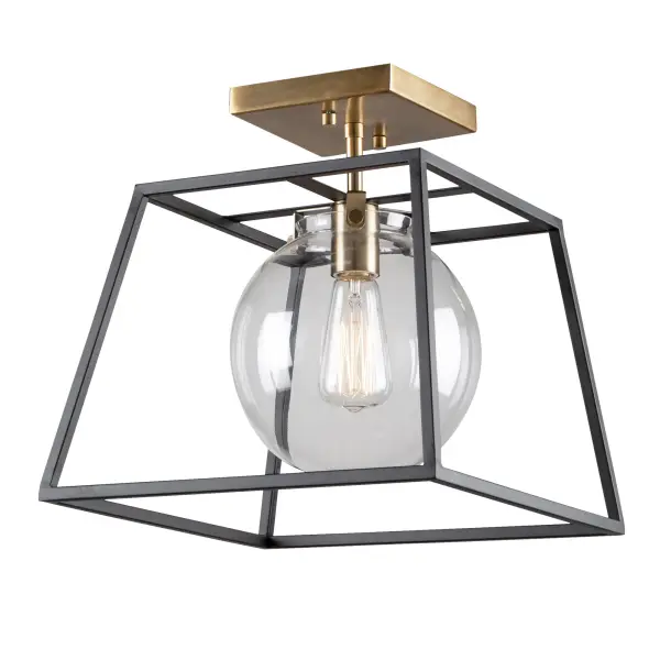Black & Harvest Brass The “Bridgetown” collection semi flush mount features a clean and transitional design. The outer frame is a black tapper square while the interior is plated in a rich harvest brass. The glassware is clear and circular.