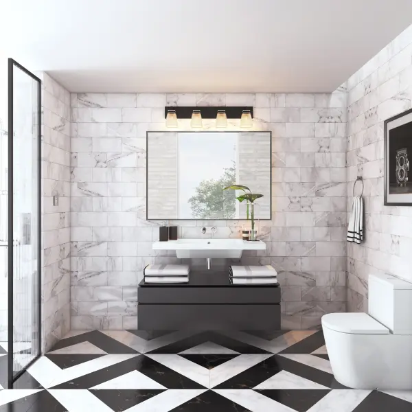 The “Eastwood” collection bathroom vanity features thick frosted glassware with a black frame and plated brushed nickel accents. - alternate view