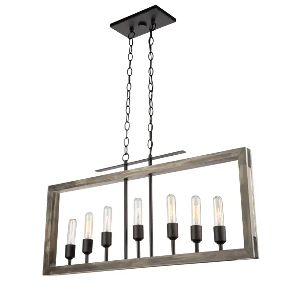 Beach Wood & Black Made in North America with pride, this “Gatehouse” collection 7 light island linear features a beach wood finish with black metal work. The frame is made of authentic