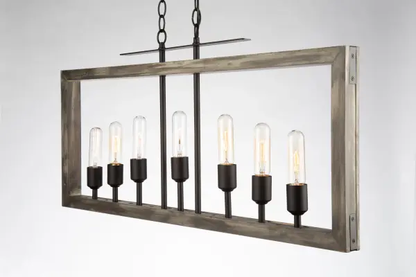 Beach Wood & Black Made in North America with pride, this “Gatehouse” collection 7 light island linear features a beach wood finish with black metal work. The frame is made of authentic - alternate view