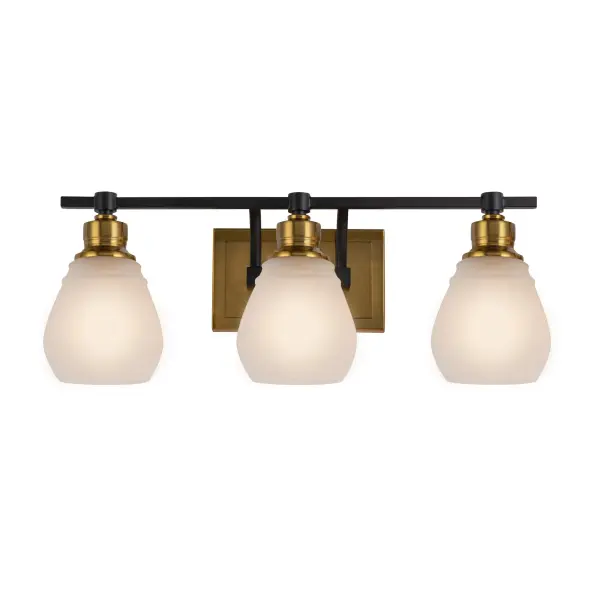 The Nelson vanity collection effortlessly combines modern elegance with timeless design, featuring acid white glassware delicately set upon a brushed brass frame complimented with black arms. The black accents accentuate the collection, adding a touch of bold contrast. A very stylish look for any bathroom space. From the Lighting Pulse design firm. 3 light wall sconce shown (available in a single and 4 light models)