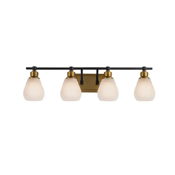 The Nelson vanity collection effortlessly combines modern elegance with timeless design, featuring acid white glassware delicately set upon a brushed brass frame complimented with black arms. The black accents accentuate the collection, adding a touch of bold contrast. A very stylish look for any bathroom space. From the Lighting Pulse design firm. 4 light wall sconce shown (available in a single and 3 light models)
