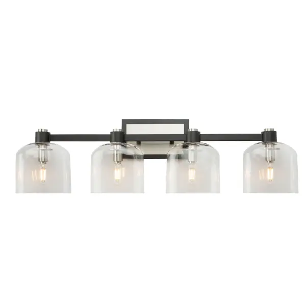 Black and Brushed Nickel The “Lydon” Collection of bathroom vanities is slick and clean - a perfect compliment to any environment that is modern to transitional. The clear glassware has circular edges. The arms are finished in black while the accents are plated in nickel. Shown as 4 light model but also available in a single or 3 light version.