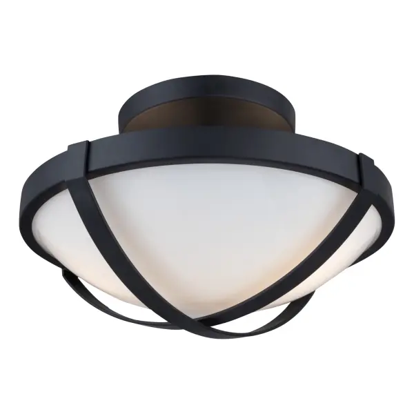 The Cara collection from designer Kevin Kraemer, is a transitional take on a traditional type of semi flushmount. To compliment the rich circular glassware are decorative metal straps. This 12.5” diameter flushmount can help brighten any area with elegance. Shown in black, but available in brass or brushed nickel as well.