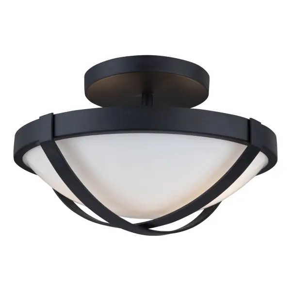 The Cara collection from designer Kevin Kraemer, is a transitional take on a traditional type of semi flushmount. To compliment the rich circular glassware are decorative metal straps. This 12.5” diameter flushmount can help brighten any area with elegance. Shown in black, but available in brass or brushed nickel as well. - alternate view
