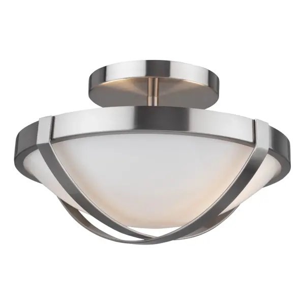The Cara collection from designer Kevin Kraemer, is a transitional take on a traditional type of semi flushmount. To compliment the rich circular glassware are decorative metal straps. This 12.5” diameter flushmount can help brighten any area with elegance. Shown in brushed nickel, but available in brass or black as well.