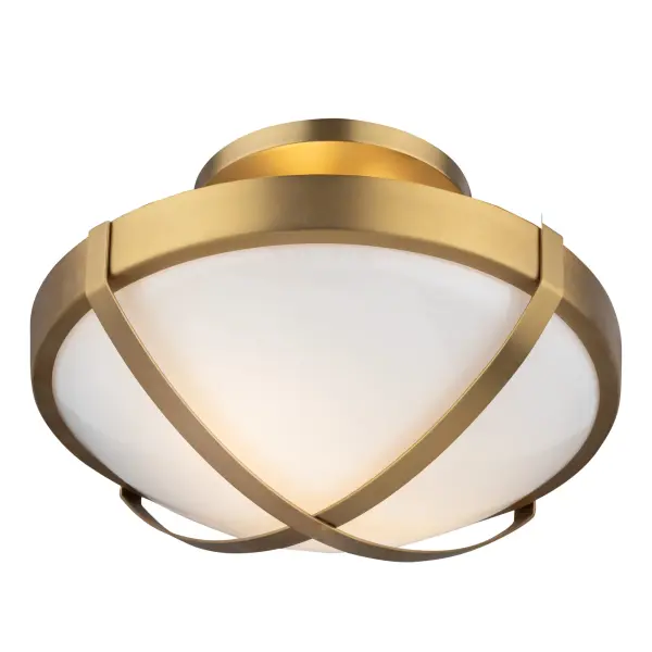 The Cara collection from designer Kevin Kraemer, is a transitional take on a traditional type of semi flushmount. To compliment the rich circular glassware are decorative metal straps. This 12.5” diameter flushmount can help brighten any area with elegance. Shown in brass, but available in brushed nickel or black as well.