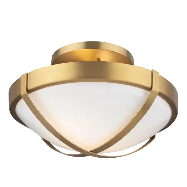 The Cara collection from designer Kevin Kraemer, is a transitional take on a traditional type of semi flushmount. To compliment the rich circular glassware are decorative metal straps. This 12.5” diameter flushmount can help brighten any area with elegance. Shown in brass, but available in brushed nickel or black as well. - alternate view
