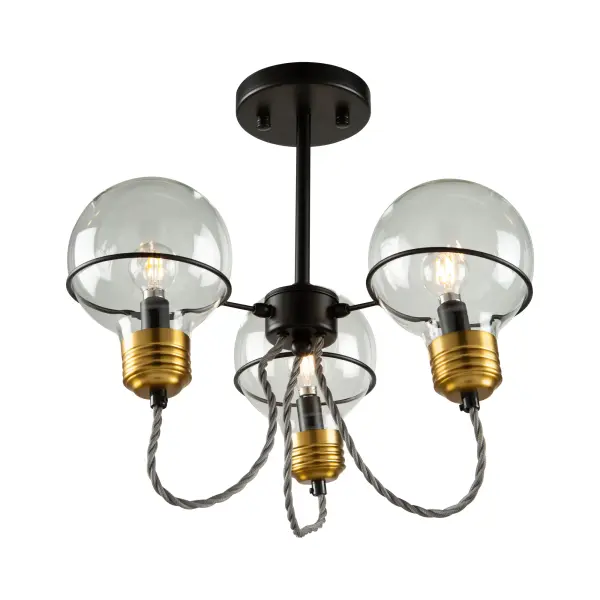 Black and Brushed Brass The “Martina” Collection is so unique from a design stance. The glass is actually shaped as a bulb and the bottom glass holder is designed like the bottom of a vintage screw type bulb. The wiring has a “vintage” element since it is twisted the way Thomas Edison first introduced the bulb. The metal work is black while the glass holder is brass. Shown here is the 3 light semi flush but there are many matching units such as an island fixture, circular fixture and more. - alternate view