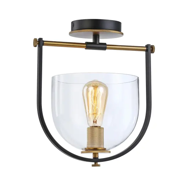 The Cheshire Collection is a spectacular grouping of chandeliers designed by Kevin Kraemer. The frames are black and complemented with brass. There is fine attention to all the Limited lifetime warranty from the frame shape matching the curves in the glass to the exquisite knural parts on the candle covers and knobs. (Also available in black with nickel accents). Semi Flushmount shown.