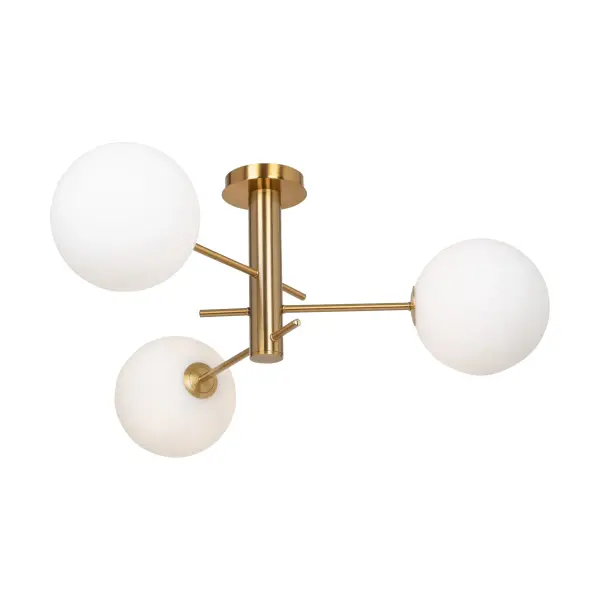 The Aurelia Collection is defined by its contemporary allure, featuring a warm brushed brass frame. Each arm of the chandelier is adorned with beautiful spherical white glassware, creating a visually striking contrast and emitting a soft, inviting illumination. This collection seamlessly marries sleek design with a warm aesthetic, making it a stylish and captivating addition to any space. Semi flushmount - alternate view