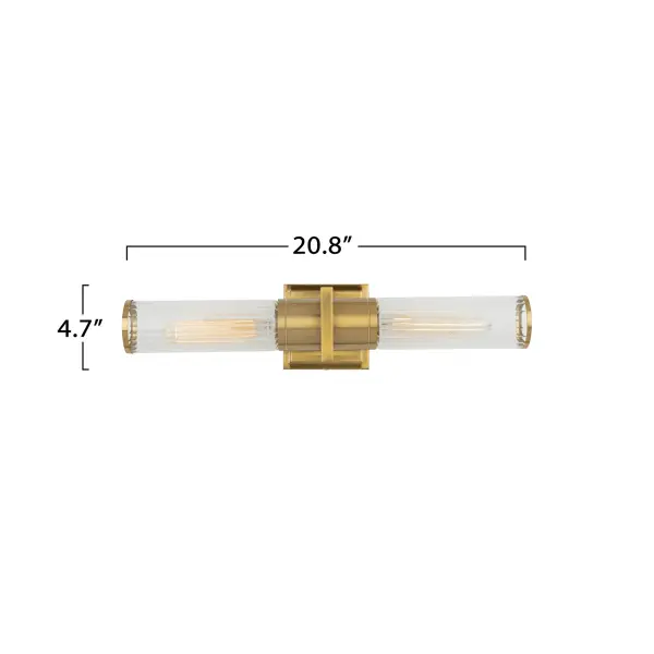Brushed Brass and Clear Glass The Positano collection features a warm brass center cluster with matching ends, complimented with ribbed clear glassware. This wall sconce can be hung near a vanity in the bathroom, hallway or any other area in need of a beautiful mural. This model features 2 medium base sockets for bulbing.