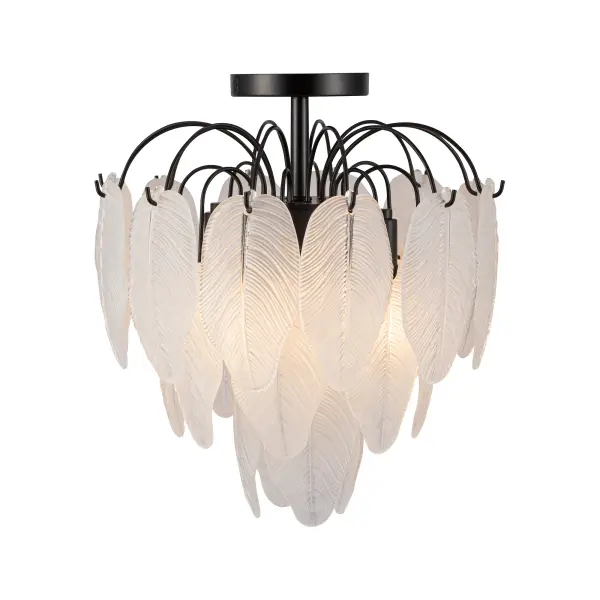 The Alessia collection boasts a captivating design featuring delicate glass leaves suspended from a brilliant airy black frame. The unique glassware diffuses light casting a mesmerizing and enchanting ambiance in any space. With its harmonious blend of timeless brass elegance and nature-inspired elements, this collection seamlessly combines sophistication and organic beauty, making it a striking centerpiece for any room. The model shown is a 4 light semi flushmount (matching chandelier available) - alternate view