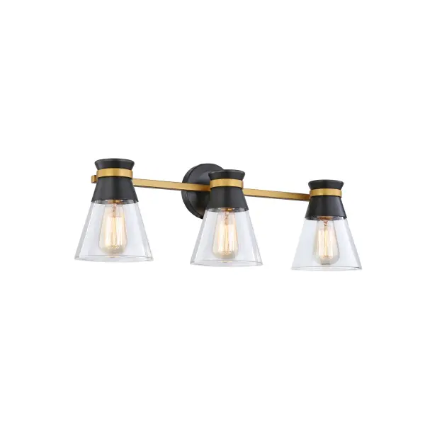 Black & Brushed Brass The Kanata collection by designer Kevin Kraemer is unique, stylish and soft. This collection features clear tapered glassware that is held by thin arms that wrap around the cups to finish off the design. The matte black cups are complimented with a smooth brass finish on the arm banding. 3 light version shown - single and four light versions also available. (Alternate colour option available - Polished nickel and black)