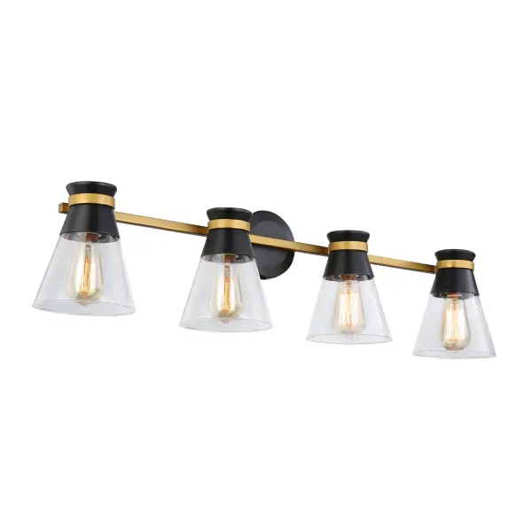 Black & Brushed Brass The Kanata collection by designer Kevin Kraemer is unique, stylish and soft. This collection features clear tapered glassware that is held by thin arms that wrap around the cups to finish off the design. The matte black cups are complimented with a smooth brass finish on the arm banding. 4 light version shown - single and three light versions also available. (Alternate colour option available - Polished nickel and black