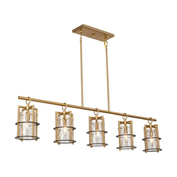 The Buford Collection is a striking ensemble that seamlessly blends elegance and modern design. Its defining features include a brass frame complimented with black rings, creating a contemporary contrast against the timeless appeal of the metal. The thick semi-transparent water glass add opulence and warmth, making these lanterns style chandeliers a sophisticated focal point for any space. Five light linear island chandelier (height adjustable and compatible with sloped ceilings).
