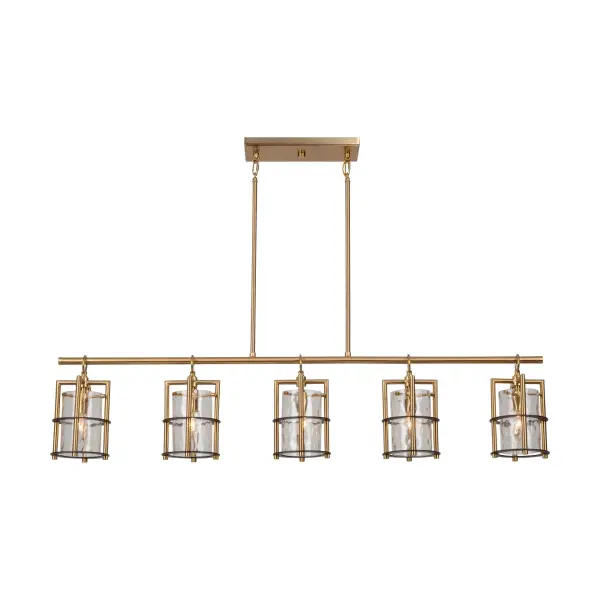 The Buford Collection is a striking ensemble that seamlessly blends elegance and modern design. Its defining features include a brass frame complimented with black rings, creating a contemporary contrast against the timeless appeal of the metal. The thick semi-transparent water glass add opulence and warmth, making these lanterns style chandeliers a sophisticated focal point for any space. Five light linear island chandelier (height adjustable and compatible with sloped ceilings). - alternate view