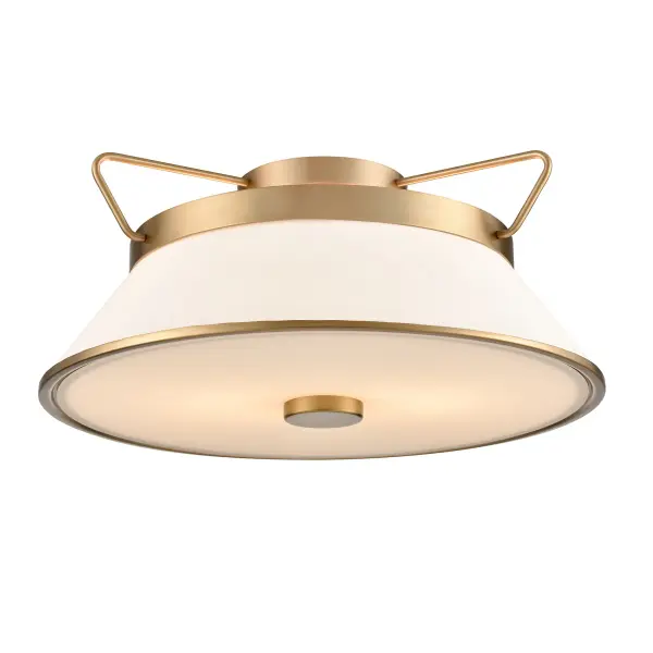 The Layla collection, designed by Kevin Kraemer, features a rich plated brushed brass finished frame, which holds the linen shades in a unique fashion. Semi flushmount model shown.