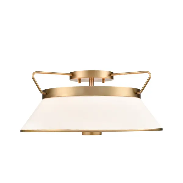 The Layla collection, designed by Kevin Kraemer, features a rich plated brushed brass finished frame, which holds the linen shades in a unique fashion. Semi flushmount model shown. - alternate view