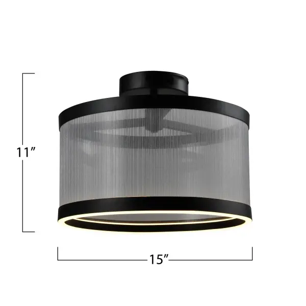 The Cora Collection semi flushmount enchants with its modern elegance, showcasing a sleek black metal frame paired with a silver organza hardback shade. This LED chandelier exudes a soft yet striking glow, illumiN/Ating through its bottom ring to create a warm ambiance. Equipped with a versatile 5CCT switch, it offers customizable lighting to suit any mood or setting. This design seamlessly blends functioN/Ality and style, making it a refined statement piece for any interior.