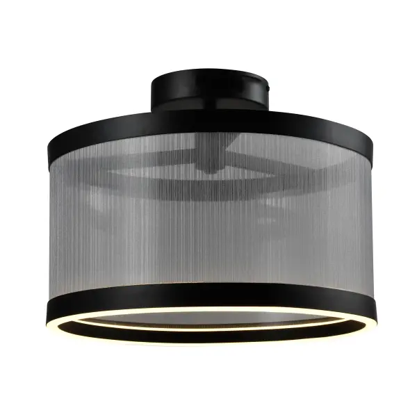 The Cora Collection semi flushmount enchants with its modern elegance, showcasing a sleek black metal frame paired with a silver organza hardback shade. This LED chandelier exudes a soft yet striking glow, illumiN/Ating through its bottom ring to create a warm ambiance. Equipped with a versatile 5CCT switch, it offers customizable lighting to suit any mood or setting. This design seamlessly blends functioN/Ality and style, making it a refined statement piece for any interior. - alternate view