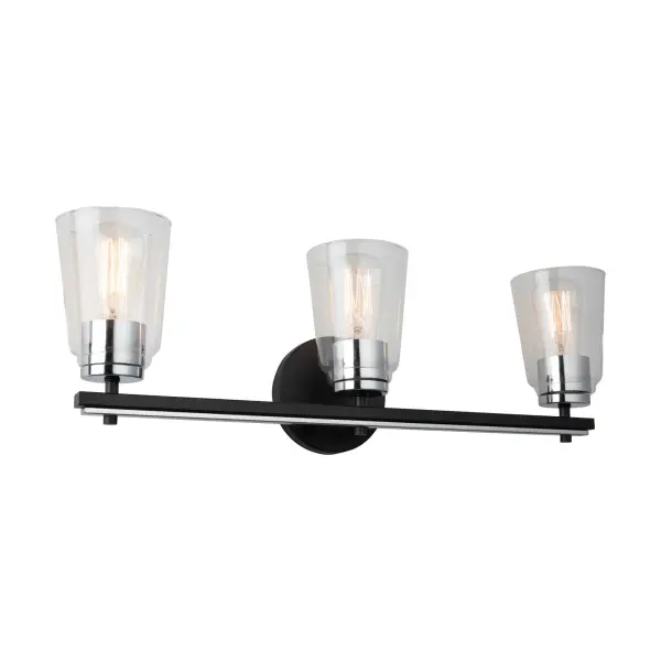 Fixture Black and Chrome The Essex collection features elegant clear glassware, adding a touch of sophistication to any bathroom decor. Its standout design is characterized by a striking dual-tone finish, combining sleek black and chrome elements seamlessly. This collection effortlessly blends modern aesthetics with functional utility, creating a stylish focal point for your bathroom space. 3 light wall sconce shown. (Also available in a single and 4 light versions.)
