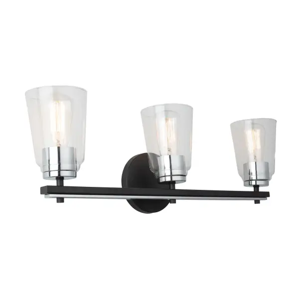 Fixture Black and Chrome The Essex collection features elegant clear glassware, adding a touch of sophistication to any bathroom decor. Its standout design is characterized by a striking dual-tone finish, combining sleek black and chrome elements seamlessly. This collection effortlessly blends modern aesthetics with functional utility, creating a stylish focal point for your bathroom space. 3 light wall sconce shown. (Also available in a single and 4 light versions.) - alternate view