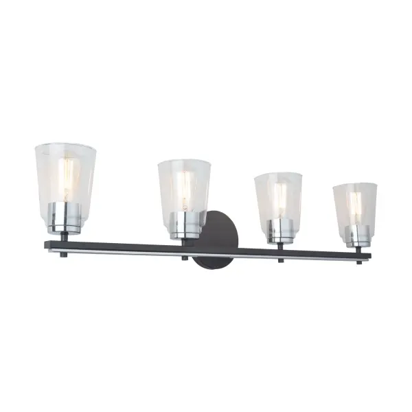 Black and Chrome The Essex collection features elegant clear glassware, adding a touch of sophistication to any bathroom decor. Its standout design is characterized by a striking dual-tone finish, combining sleek black and chrome elements seamlessly. This collection effortlessly blends modern aesthetics with functional utility, creating a stylish focal point for your bathroom space. 4 light wall sconce shown. (Also available in a single and 3 light versions.) - alternate view