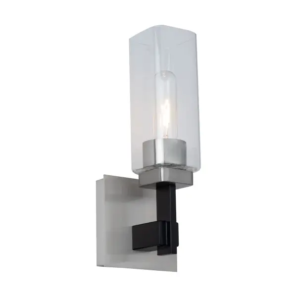 Sconce Satin Nickel The Arlington collection features clear rectangular glassware that adds a touch of refinement to any bathroom and/or vanity. Its dual- tone black and satin nickel frame provides a modern aesthetic. This collection seamlessly blends style and functionality, making it a stylish choice for those seeking a contemporary and refined bathroom decor. Wall sconce shown. (Also available in a 3 and 4 light versions.)