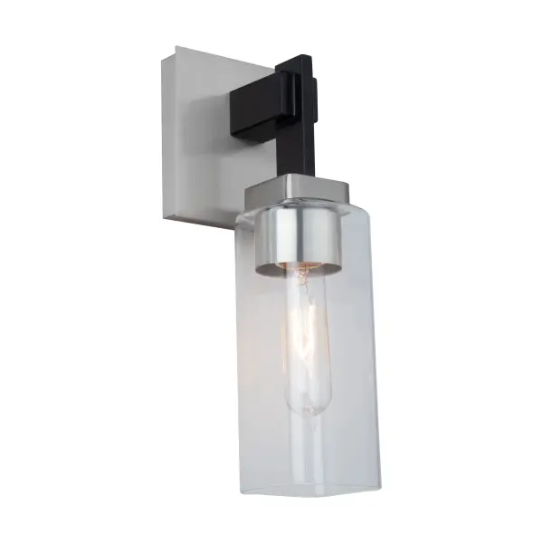 Sconce Satin Nickel The Arlington collection features clear rectangular glassware that adds a touch of refinement to any bathroom and/or vanity. Its dual- tone black and satin nickel frame provides a modern aesthetic. This collection seamlessly blends style and functionality, making it a stylish choice for those seeking a contemporary and refined bathroom decor. Wall sconce shown. (Also available in a 3 and 4 light versions.) - alternate view