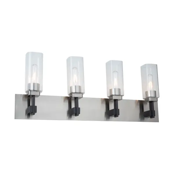 Vanity Fixture Satin Nickel The Arlington collection features clear rectangular glassware that adds a touch of refinement to any bathroom and/or vanity. Its dual-tone black and satin nickel frame provides a modern aesthetic. This collection seamlessly blends style and functionality, making it a stylish choice for those seeking a contemporary and refined bathroom decor. 4 light wall sconce shown. (Also available in a single and 3 light versions.)