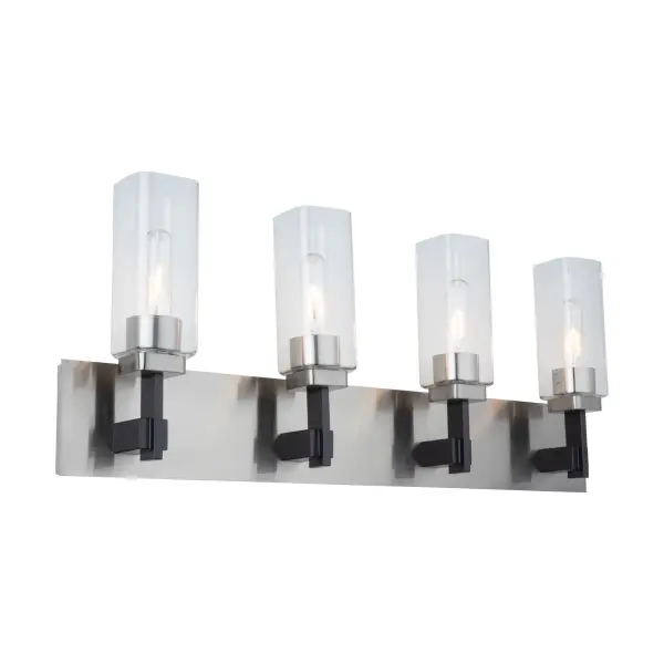 Vanity Fixture Satin Nickel The Arlington collection features clear rectangular glassware that adds a touch of refinement to any bathroom and/or vanity. Its dual-tone black and satin nickel frame provides a modern aesthetic. This collection seamlessly blends style and functionality, making it a stylish choice for those seeking a contemporary and refined bathroom decor. 4 light wall sconce shown. (Also available in a single and 3 light versions.) - alternate view