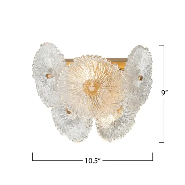 The defining feature of the Bloom collection lies in its enchanting glassware, meticulously crafted to resemble delicate and intricate flowers. The combination of the lustrous brass metal work and the floral-inspired glass elements makes this collection a captivating focal point for any space. The 2 light wall sconce is shown. (Matching chandeliers and wall sconce available)