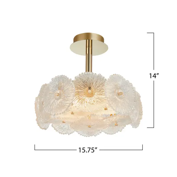 The defining feature of the Bloom collection lies in its enchanting glassware, meticulously crafted to resemble delicate and intricate flowers. The combination of the lustrous brass metal work and the floral-inspired glass elements makes this collection a captivating focal point for any space. The 6 lite semi flushmount is shown. (Matching chandeliers and wall sconce