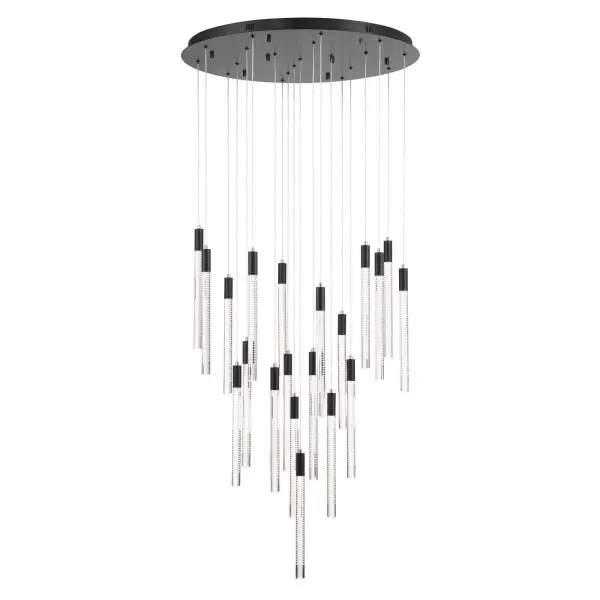 Black with Laser Lined Glass Rods The Celine 20 light chandelier is a stunning masterpiece of modern elegance, featuring a rich black-plated canopy and holders that exude warmth and sophistication. Its clear glass rods, adorned with intricate laser-etched lines, create a mesmerizing play of light and texture. IllumiN/Ated by LED technology, this chandelier offers a blend of energy efficiency and brilliance. With easily height-adjustable wires, it adapts seamlessly to any space, making it a breathtaking centerpiece for contemporary interiors. Great for an entry, foyer, or over a large dining room table.