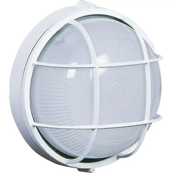 Large round wall sconce with semi-clear white glassware, protected by a few neatly shaped bars, in white finish