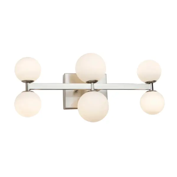 The Hadleigh collection of bathroom vanities features opal multi size glass spheres implemented on a plated brushed nickel frame. The LED light source illuminates the glass spheres in a spectacular fashion. (Multiple sizes available)