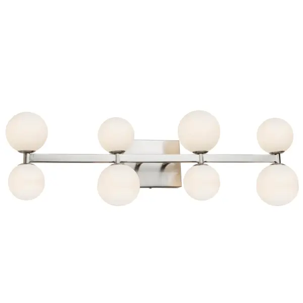 The Hadleigh collection of bathroom vanities features opal multi size glass spheres implemented on a plated brushed nickel frame. The LED light source illuminates the glass spheres in a spectacular fashion. (Multiple sizes available)
